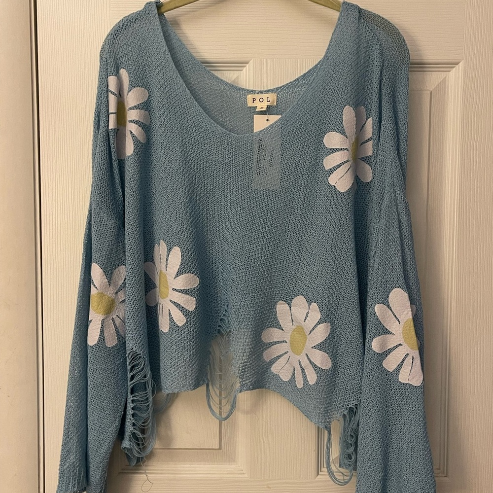 POL Blue Daisy V-Neck Sweater Open weave